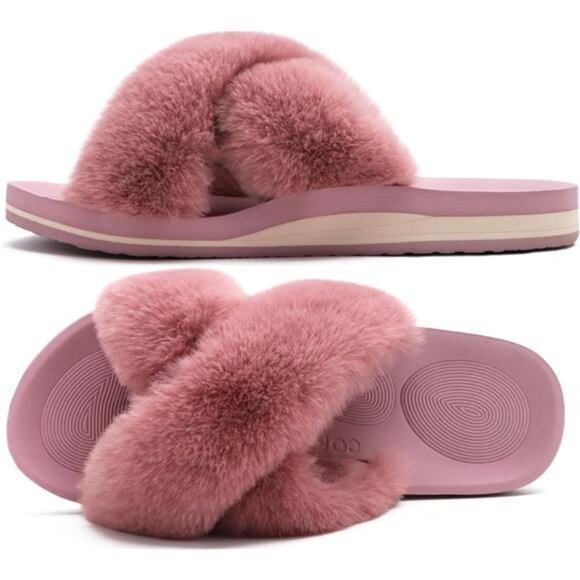 COFACE Womens Fuzzy Slides Fluff Faux Fur Cross Slippers Open Toe Yoga Mat - Picture 1 of 7